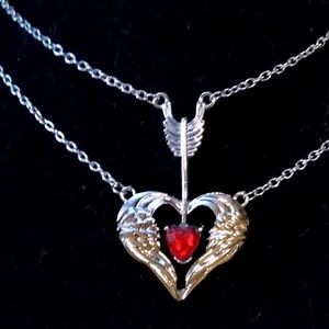 Double Chain Wings Shaped as a Heart with a Red Heart Arrow Pendant Necklace.